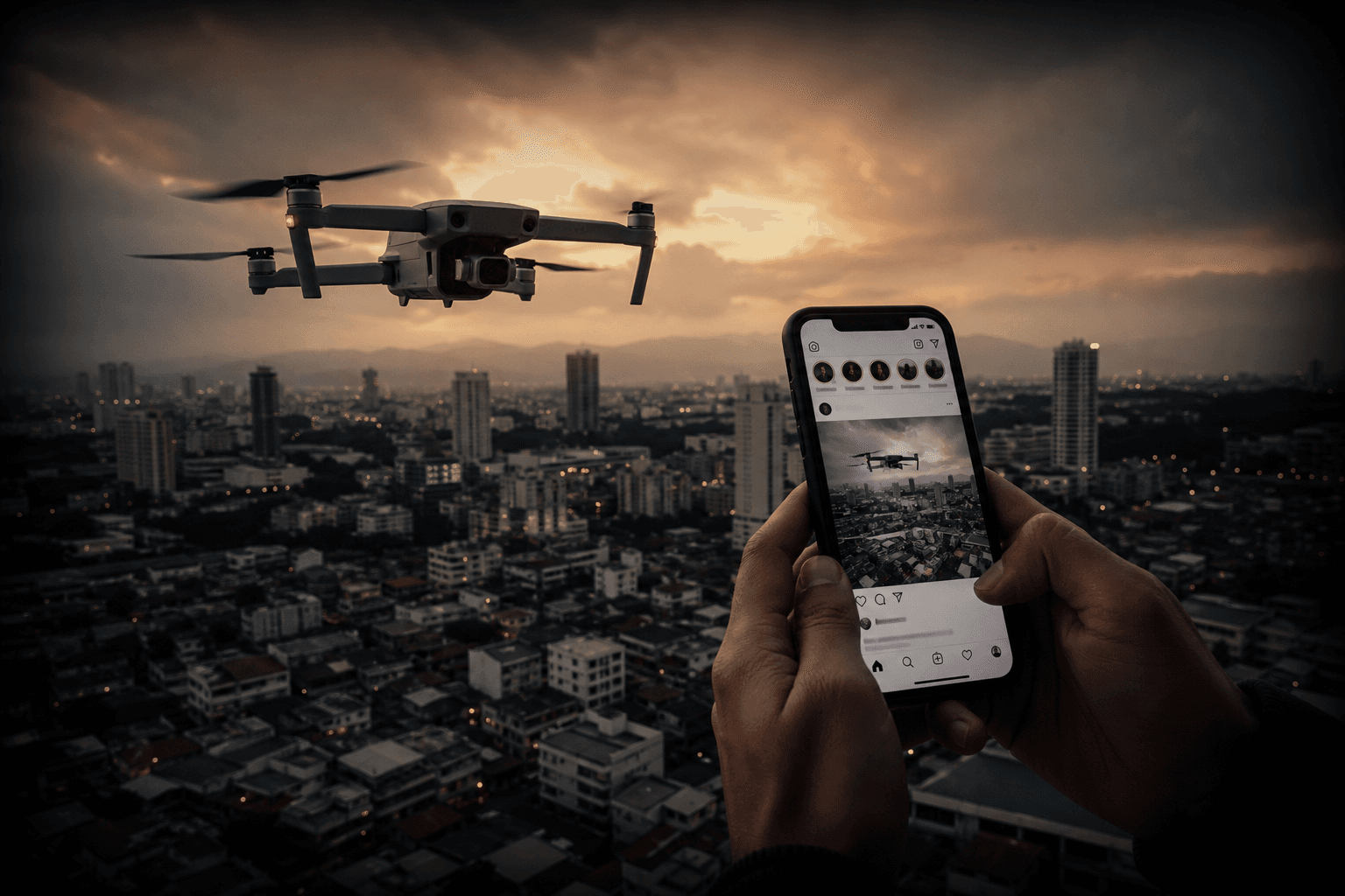 Drone şehir üzerinde uçarken Instagram açık telefon tutan eller — SHGM ceza riski